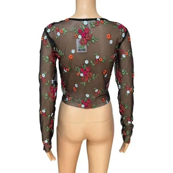 Urban Outfitters Sheer mesh Embroidered Black Floral Crop Top Size S NWT - Picture 5 of 9